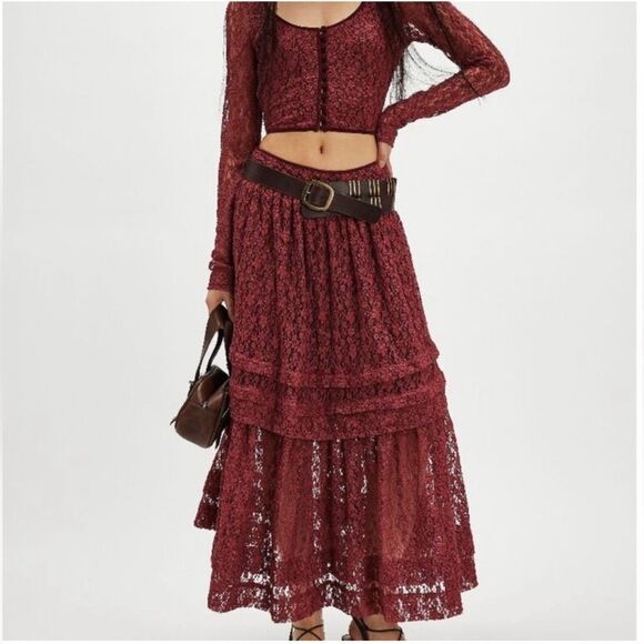 Free People Arcana Lace Top & Skirt Set in Marsala Combo - Picture 5 of 10